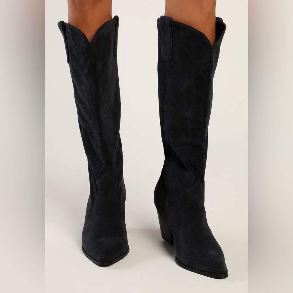 NIB Luannie Navy Blue Suede Pointed-Toe Knee-High Boots